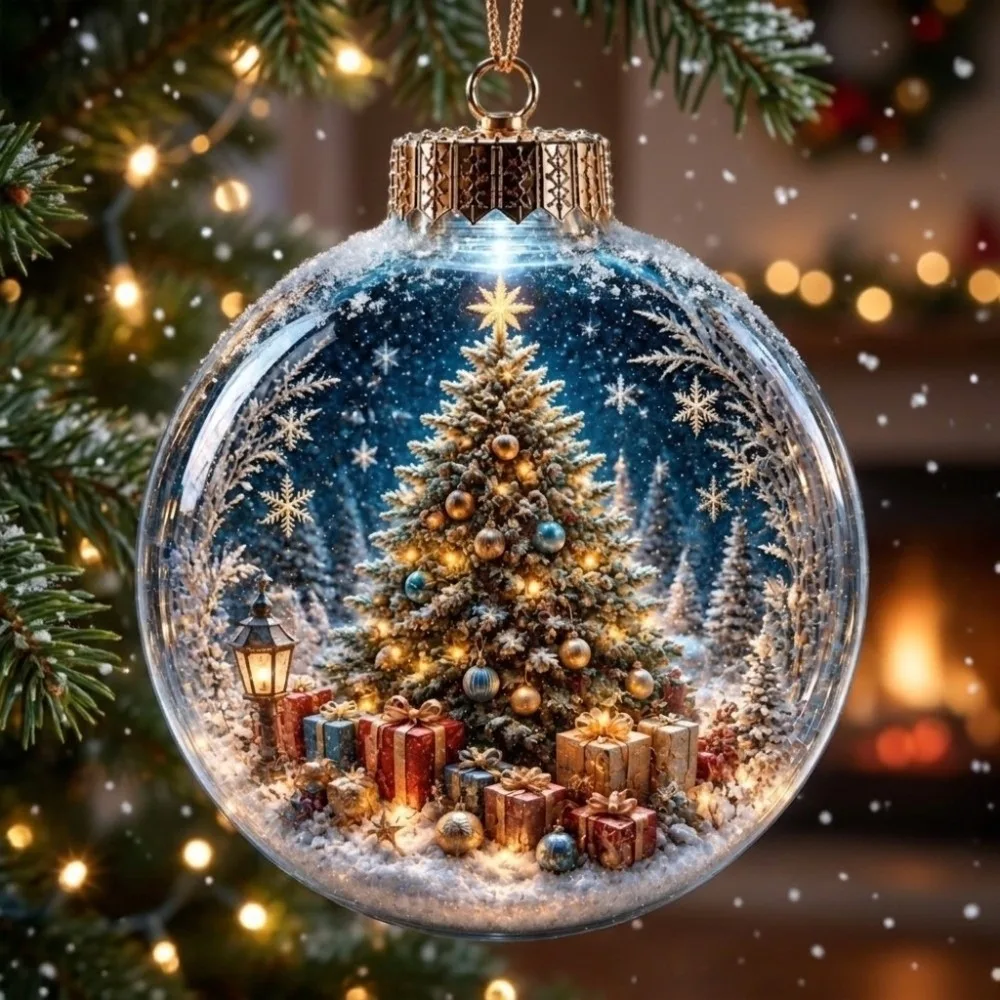 Shatterproof Christmas Ball Ornament 2D Flat Pattern Acrylic Transparent Sphere Bauble Winter Cabin Deer Scene Snow Scene