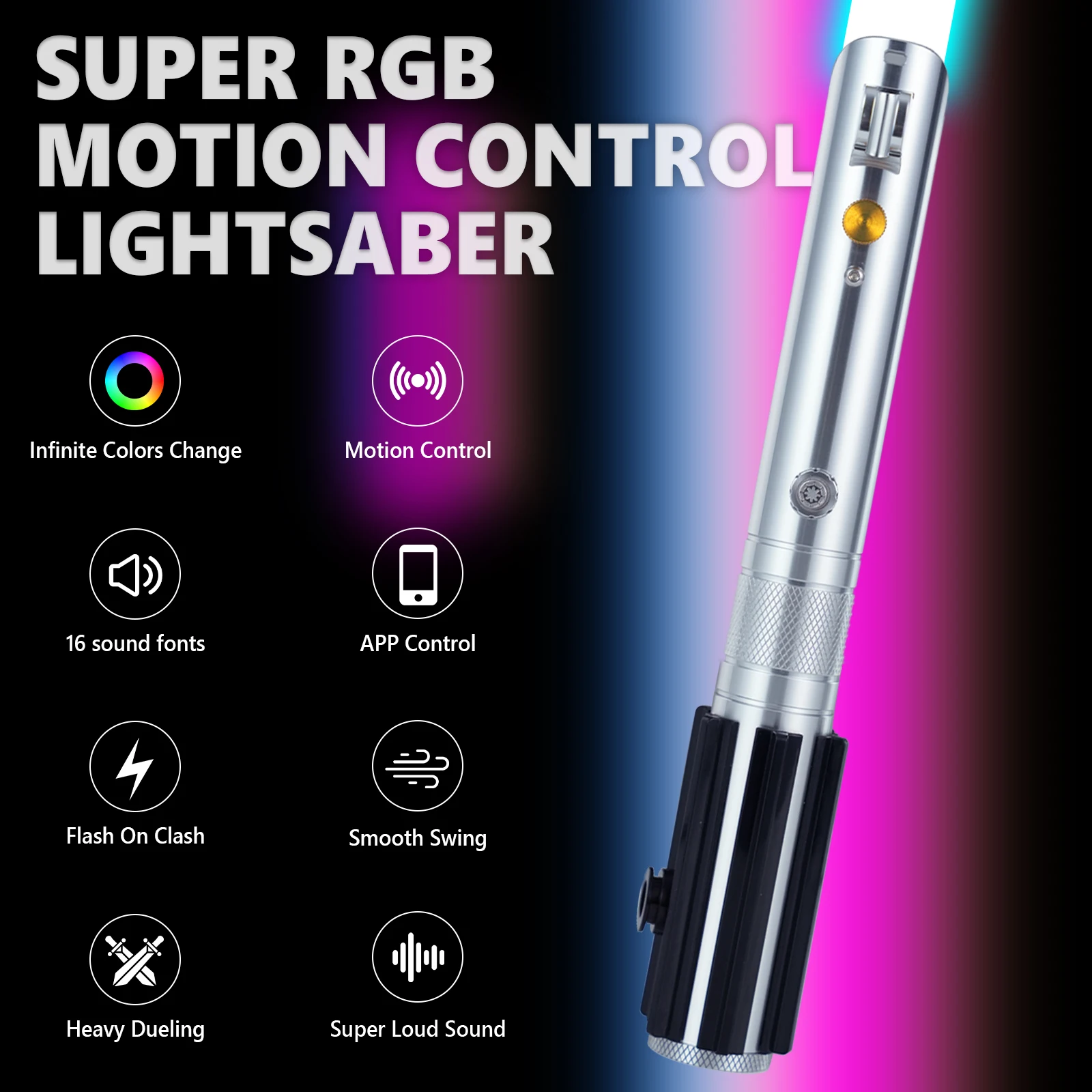 Sabre de luz de duelo iluminado PHS 16 cores RGB, 16 modos de som metal alumínio alça preta balanço suave dramatização lembrança de festa (177 cm)