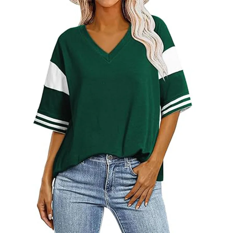 spring and summer new women's clothing in Europe and the United States V-neck collision color short-sleeved color threaded shirt