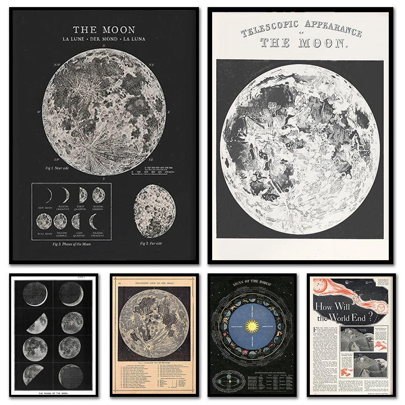 Póster de astronomía de Luna Vintage, tabla científica, impresión artística rústica, decoración de la habitación del hogar, arte de pared Celestial, mapa de la Luna, regalo artístico de astronomía