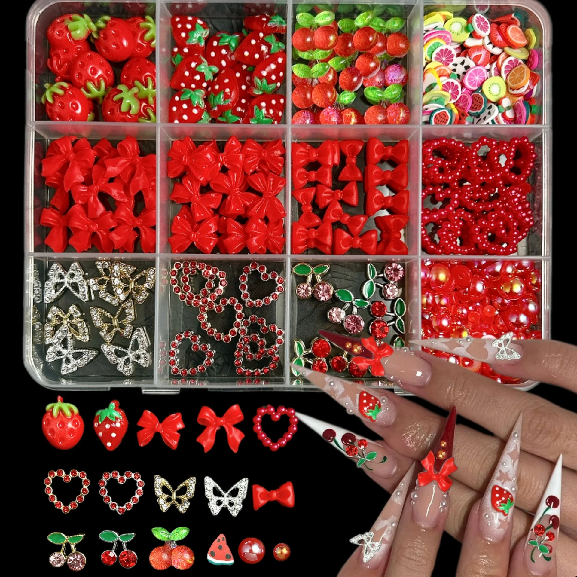 

12Grids Kawaii Resin Red Cherry Strawberry Bow Nail Charms 3D Alloy Butterfly Heart Manicure Rhinestones DIY Nail Art Decoration