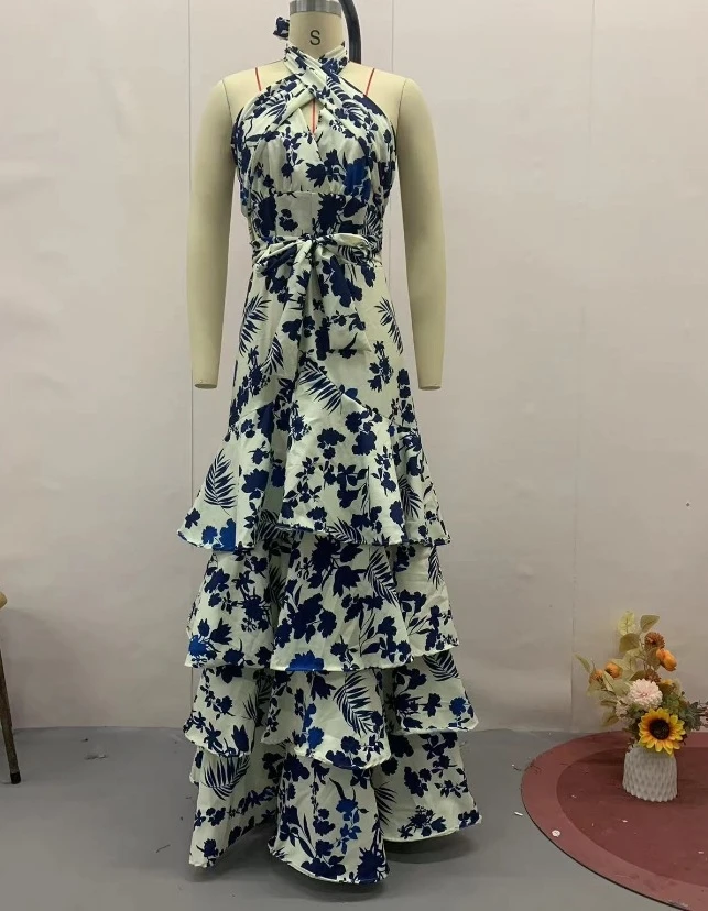 Vestido feminino elegante floral estampado sem mangas cruz halter ombro de fora oco detalhes de gravata franzida em camadas vestido midi com babados