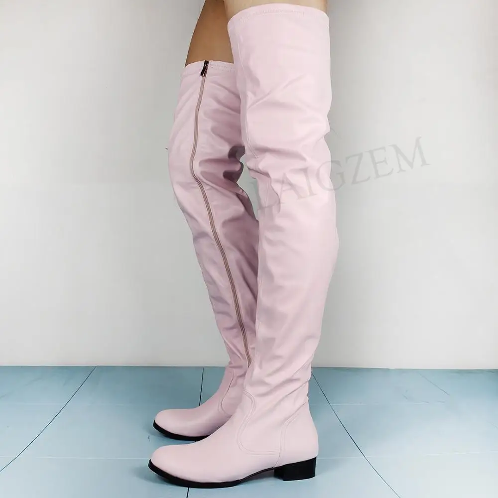 ZHIMA Women Thigh High Boots Chunky Block Heels Side Long Zip Faux Leather Boots Over Knee Shoes Woman Large Size 45 46 47 52