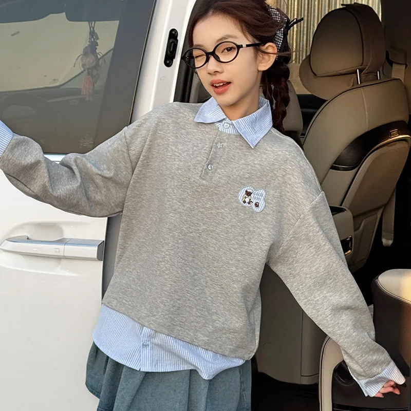 

School Girl Top Autumn Cartoon Embroidery Striped Patchwork Children Girl Fake Two-piece Sweatshirt Long Sleeve Kid Girl T-shirt