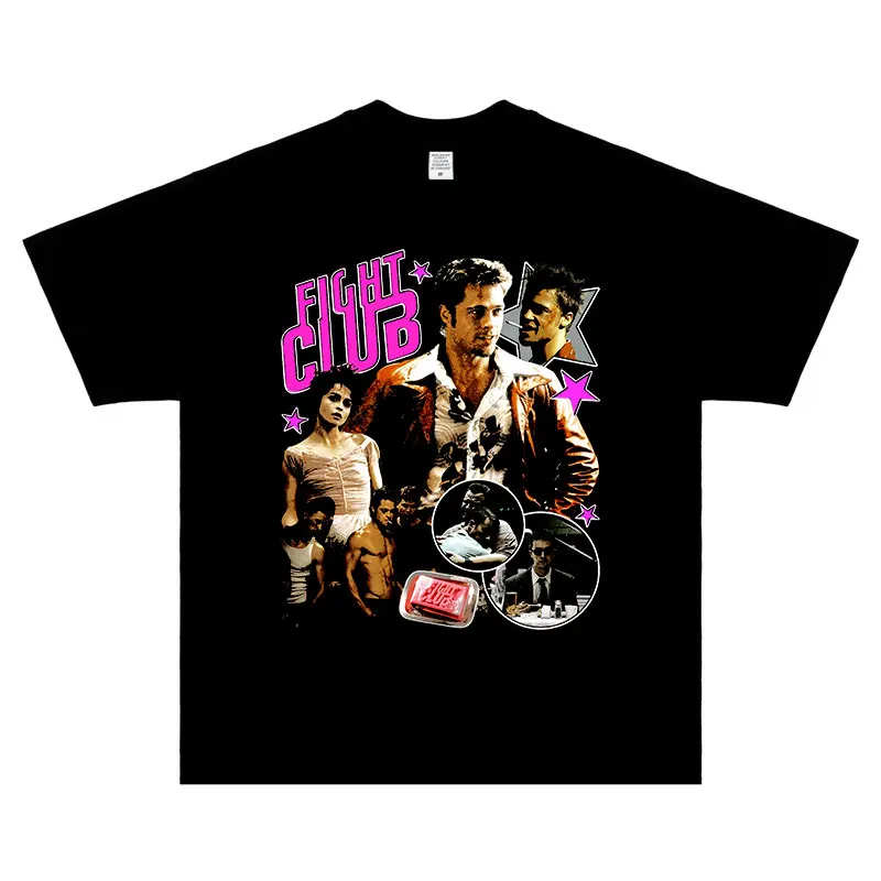 Movie Fight Club T Shirt Vintage Washed Hip Hop Old School Tops Tees Oversized T-shirt Short Sleeve Sweatshirts Man 100% Cotton