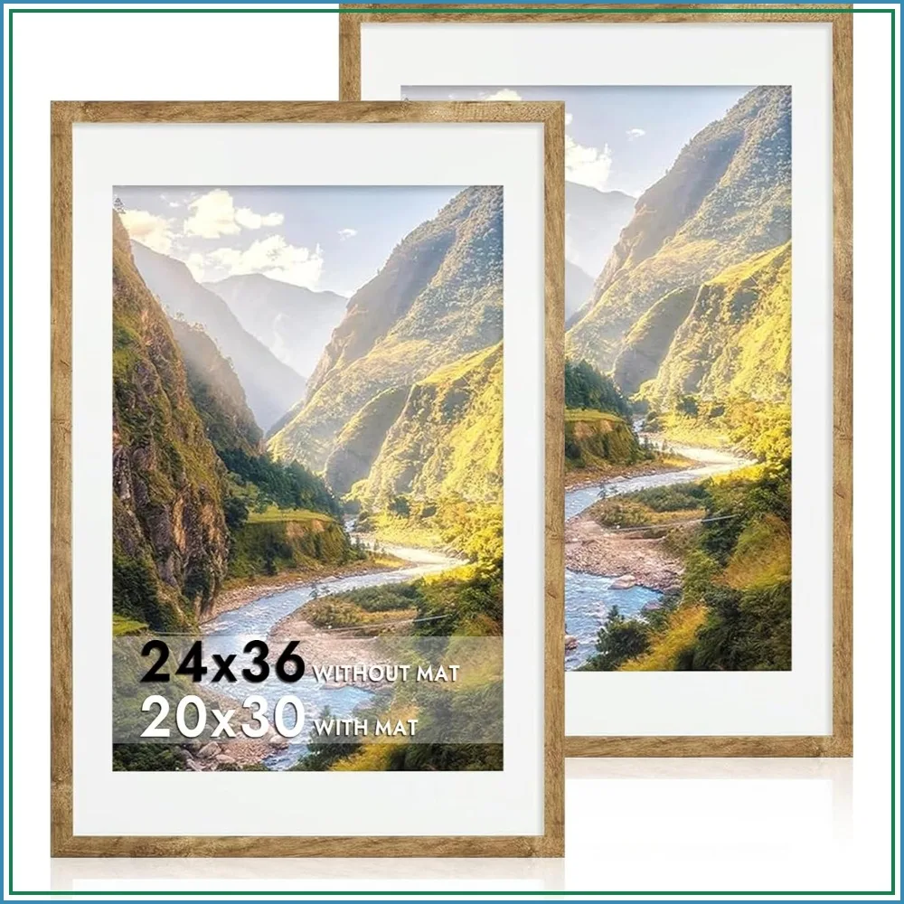 Rustic Brown Wooden 24x36 Poster Frame Set of 2 with Plexiglass, Display 20x30 with Mat or 24x36 Without, Horizontal/Vertical Wall Mounting