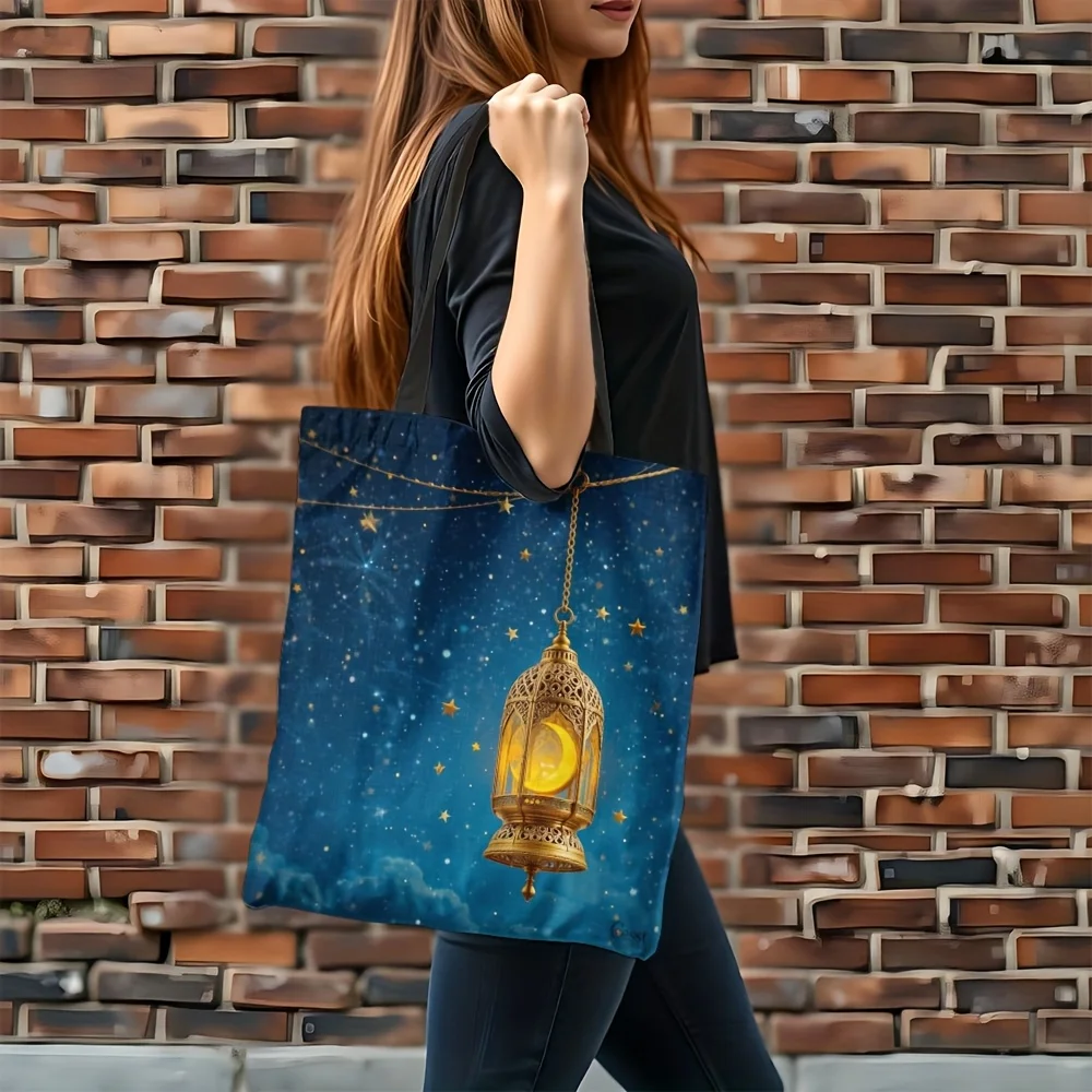 

1 шт. большой фонарь для Рамадана и сумка-тоут с исламской звездной ночью — золотой полумесяц и арабский фонарь с принтом