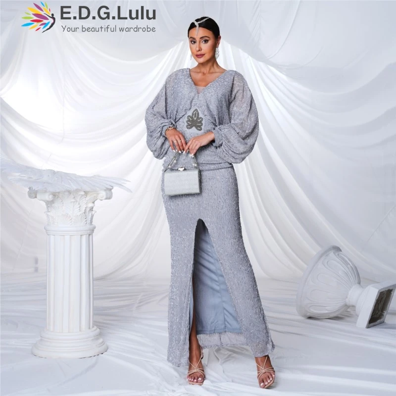 

EDGLuLu Ladies V-Neck Lantern Sleeve Long Dresses For Women Elegant Backless Lace-Up Grey Dress High Slit Party Dresses 0625