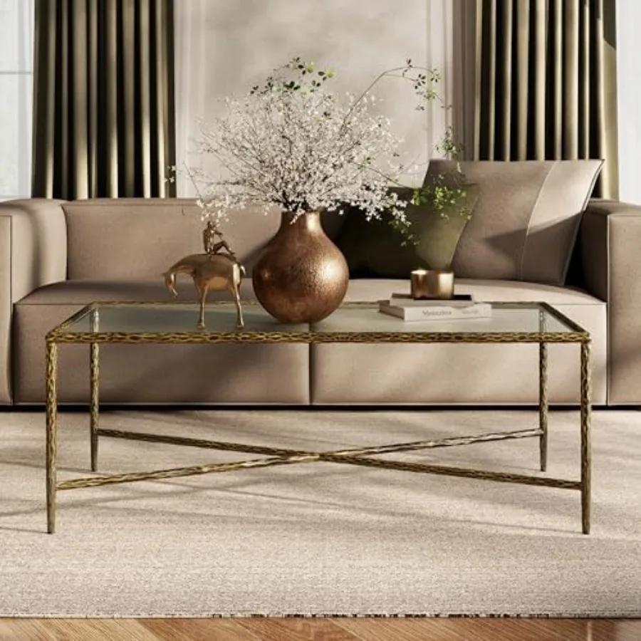 

Lalia Modern 47-inch Rectangular Coffee Table with X-Brace Metal Base, Tempered Glass Top, Hammered Steel Frame for Living Room