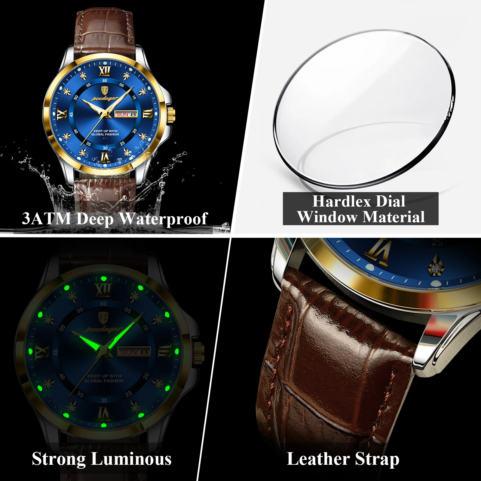 Men's Waterproof Luminous Date Week Business Watch