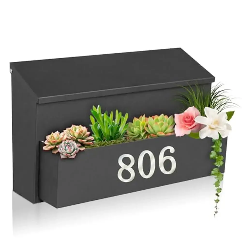 

Wall Mount Mailbox with Number Stickers & Flower Planter Galvanized Steel Modern Design Easy Installation Rust-Proof Feature