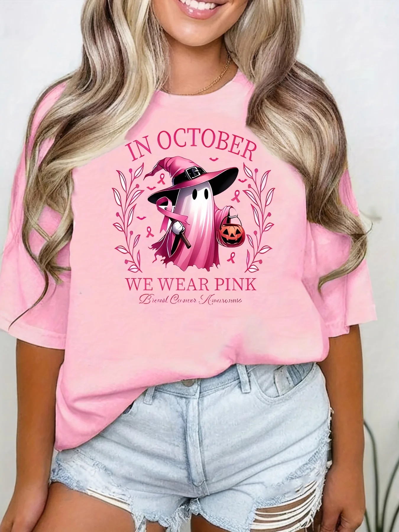 핑크 유방암 인식 티셔츠 경량 여성용 반팔 크루 넥 탑 할로윈 그래픽 프린트 기발한 그래픽