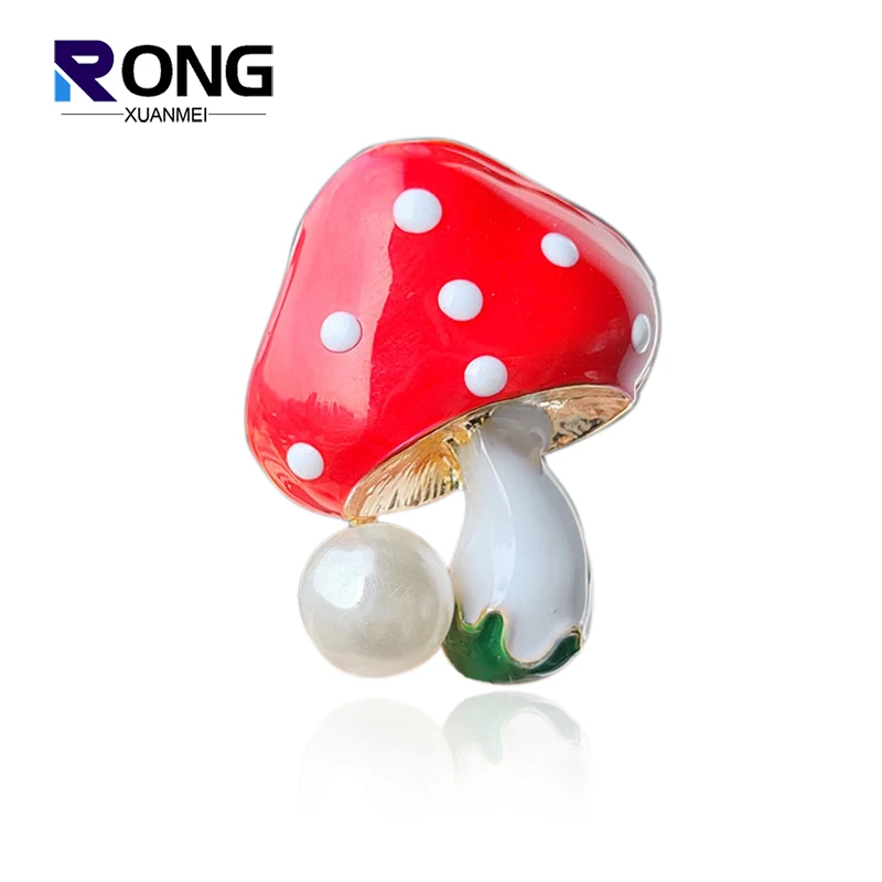 RONGXUANMEI 2024 New Trendy Red Mushroom Brooches For Women Cute Drop Oil Enamel Pearl Brooch Pin Fashion Female Breastpin