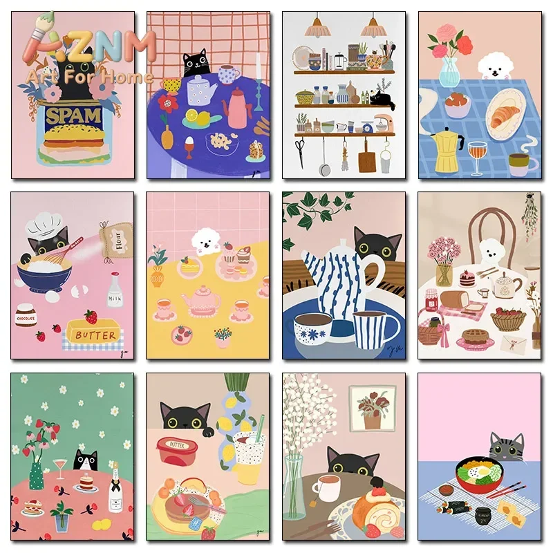 Funny Cute Coffee Cat Bread Puppy Croissant Dog Poster and Prints Canvas Printing Wall Art Picture for Living Room Kitchen De