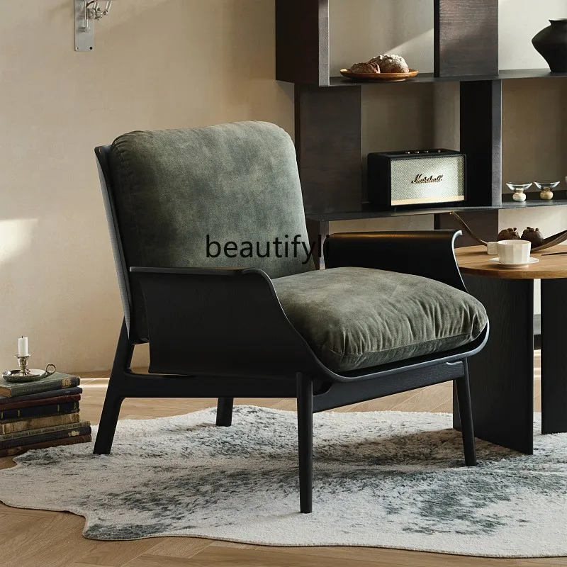 

Nordic sofa designer curved wood living room casual solid wood single fabric sofa chair