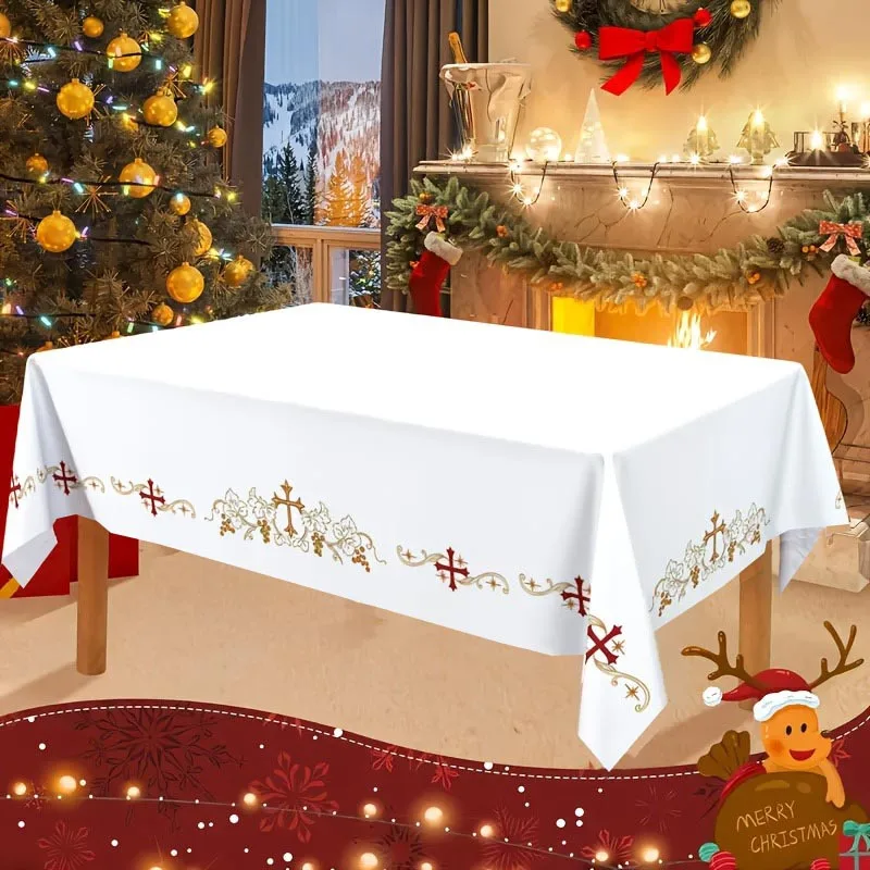 1pc Vintage Religious Tablecloth Featuring Elegant Floral Cross Border Print - a White And Red Rectangular Polyester Altar Cover
