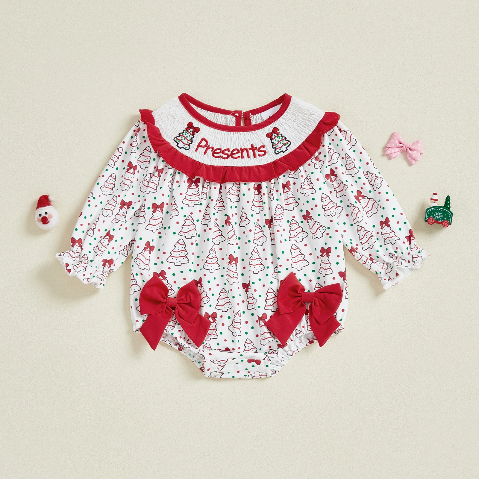 طفلة فقاعة رومبير المألوف شجرة عيد الميلاد التطريز Smocked طويلة الأكمام داخلية بذلة الملابس