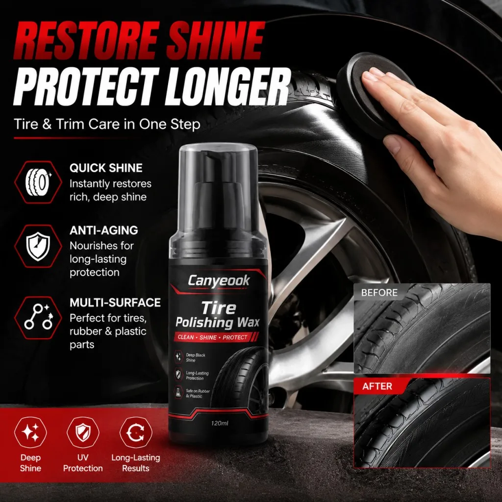CANYEOOK Tire & Rubber Polish - Restores Shine on Tires, Rubber & Plastic, Anti-Aging Care, Long-Lasting Luster 120ml