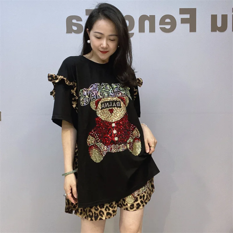 Fashion Women Chiffon Suit Summer Heavy Hot Drilling Leopard Print Loose Pullover Top Wide Leg Shorts Streetwear Two-Piece Sets