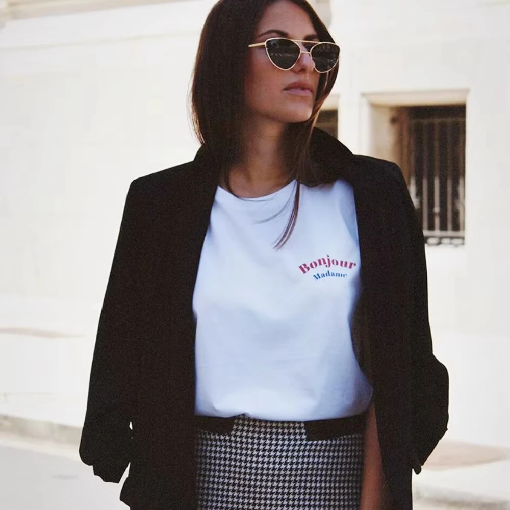 

Bonjour Madame Letters Pocket Printing Women Short Sleeve White T Shirts Summer Loose Cotton Elegant Tops Crewneck Chic Tees