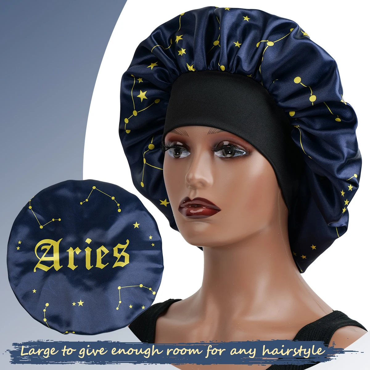 Zodiac Sign Satin Sleep Bonnet with Wide Brim - Navy Blue Hair Protection Cap Featuring Astrological Symbols for Nighttime