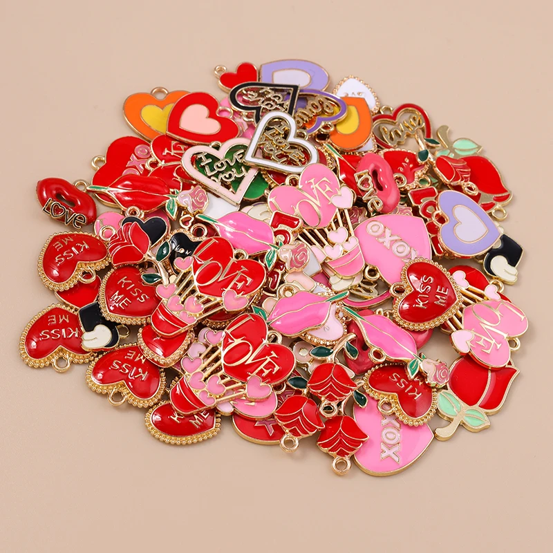 20 Stück niedliche, bunte Emaille-Anhänger in Form von Herzen und Blumen zum Basteln von Schmuck, Ohrringen, Halsketten und Armbändern – ideal für DIY-Bastelprojekte. – Detail 1
