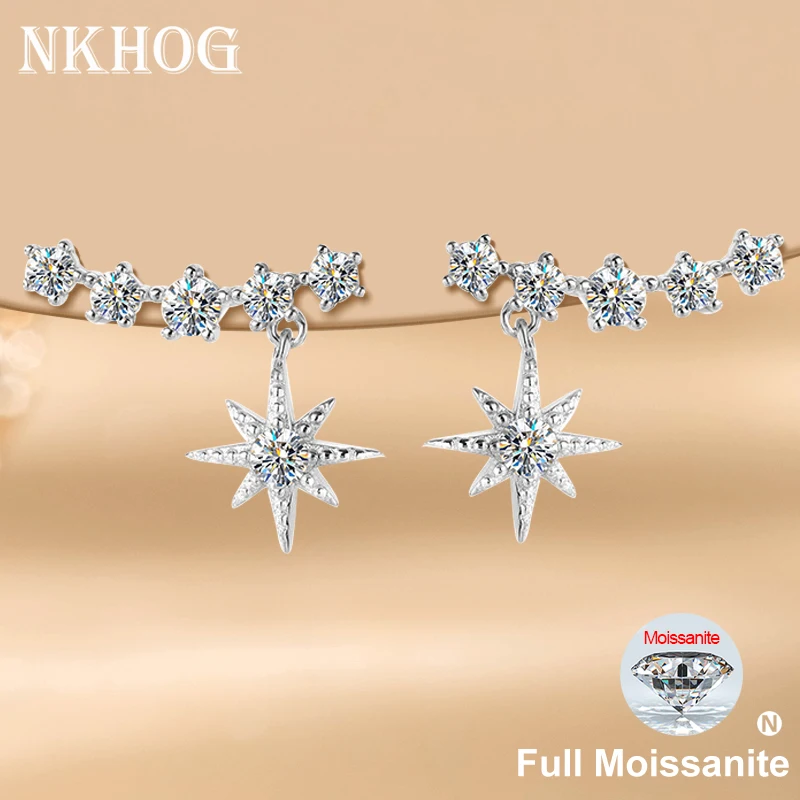 

NKHOG Full Moissanite Earrings 925 Sterling Silver Women 1.6cttw Smile Star Sparkling Stud Earring Wedding Fine Jewelry Gift GRA