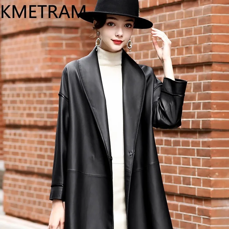KMETRAM Genuine Sheepskin Leather Jacket Woman V-Neck Mid-Length Coat Fashion Belted Jackets Autumn Women Clothes 2026 jaqueta