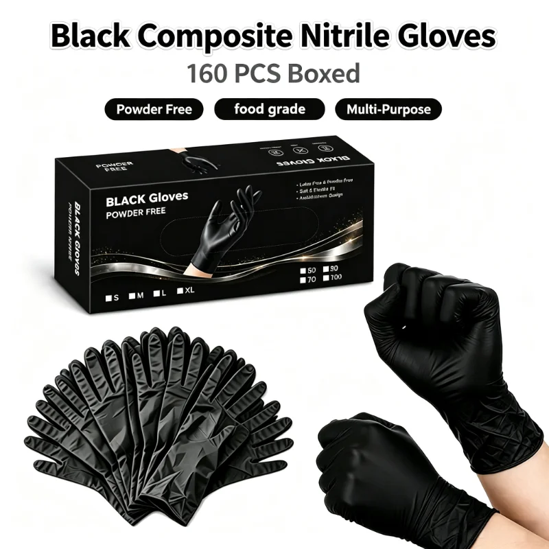 160PCS Black Composite Nitrile Gloves Disposable Powder Free Household Cleaning Gloves Available. Must-have Item for The Family.