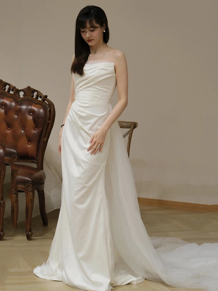

Ele Simple Satin Wedding Dr Bridal Gown with Train Strapl Fi Tail Design for Outdoor Ceremony White Color