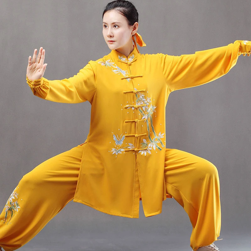 Custom Golden Butterfly & Bamboo Tai Chi Suit, New Unisex Embroidery Practice Wear for Martial Arts