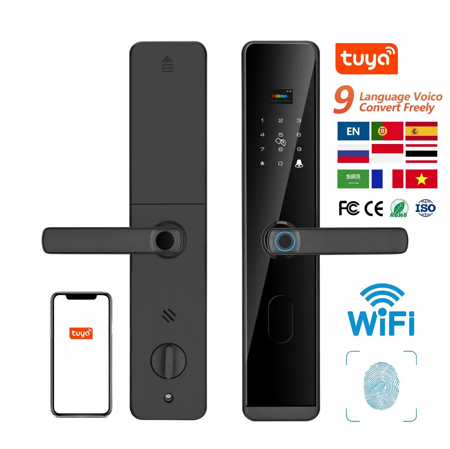 Smart Tuya Wifi App Remote Control Hotel Door Lock with Fingerprint Key Aluminum Alloy Steel Stainless Wood Door Memory Card