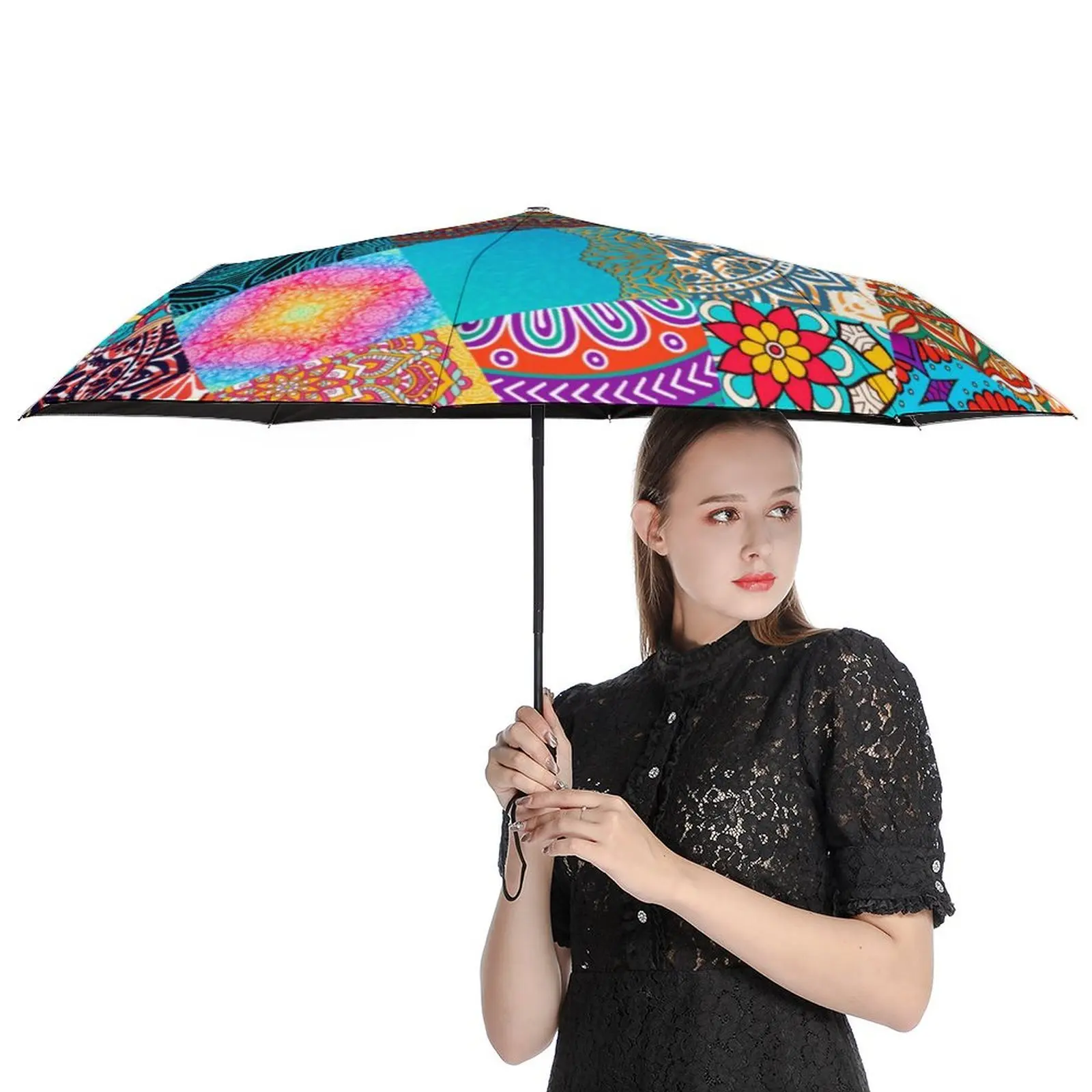 Parasol z afrykańskim nadrukiem Patchwork Kolorowy automatyczny parasol wiatroodporny Estetyczny design Kompaktowy parasol zewnętrzny