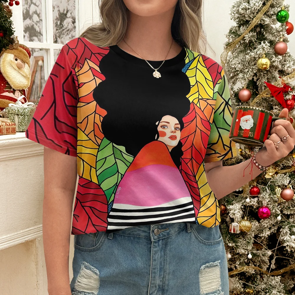 

Женская черная футболка с разноцветным абстрактным художественным дизайном, повседневный летний стиль, топ с круглым вырезом и короткими рукавами для повседневной носки