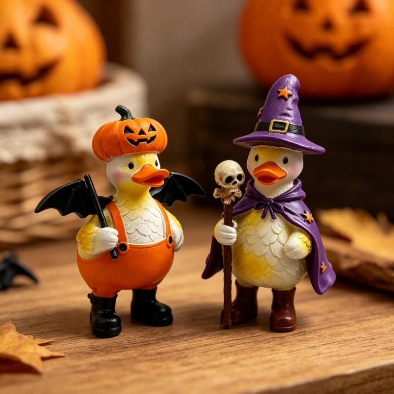 Halloween Duck Figurine 2-Pack – Resin Cute Witch with Pumpkin Hat, Adorable Desktop Decoration for Holiday Display