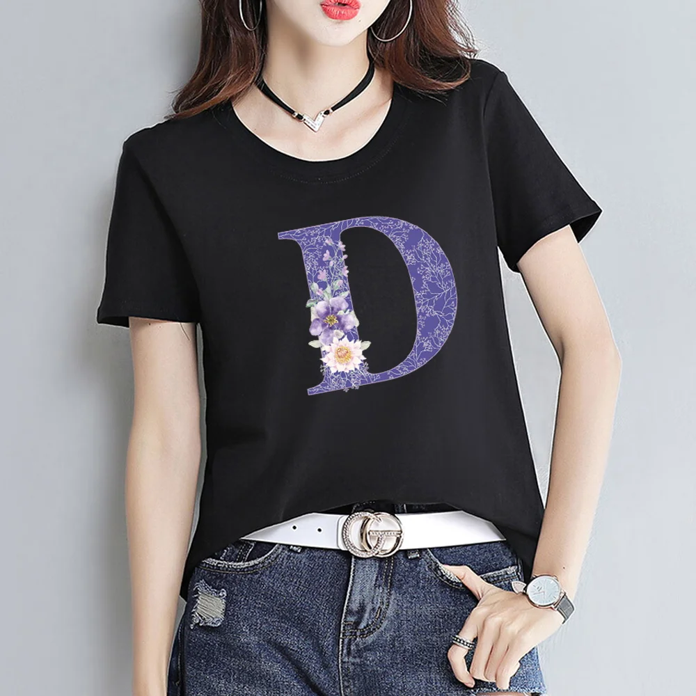 Women Summer Round Neck Slim Fit Commuter Short Sleeve Ladies Fashion Clothes Top T-Shirt Casual Top Purple Floral Letter Print