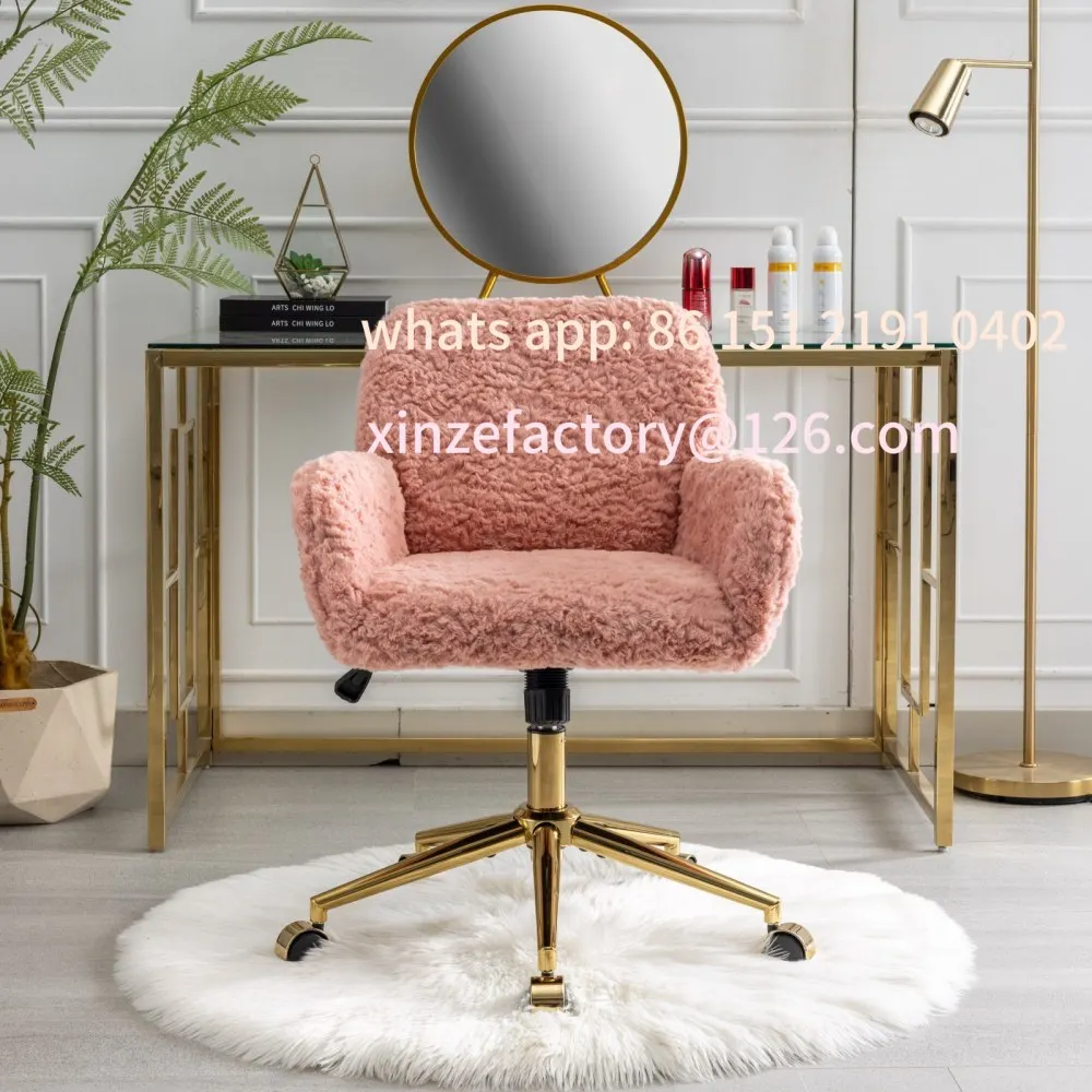 Customizable Office Chair Artificial Rabbit Hair Office Chair Golden Metal Base Adjustable Desk