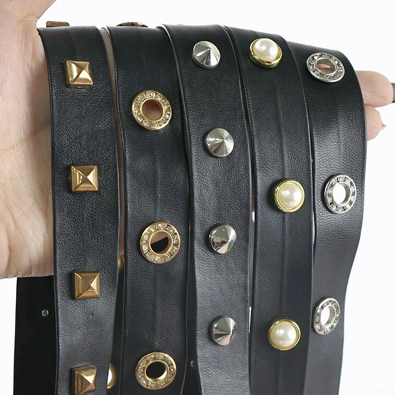 

5/10M 10-20mm PU Leather Rope Ribbons Band Rivets Cords Punk Eyelets Jacket Waistband Decorative Ropes DIY Sewing Accessories