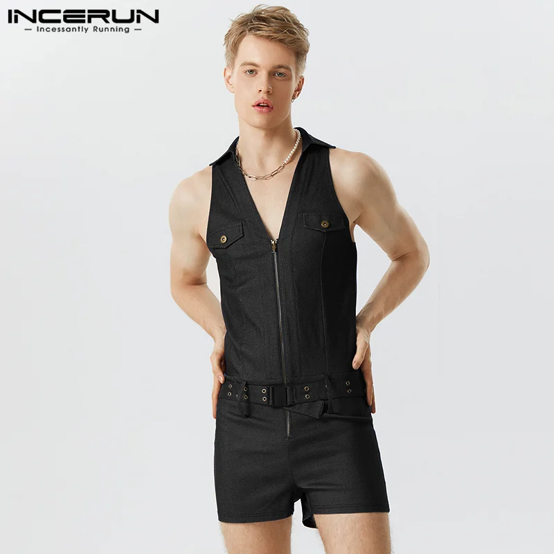 INCERUN Men Rompers Solid Color V Neck Sleeveless Zipper Fashion Male Jumpsuits Streetwear 2024 Fitness Casual Shorts Overalls