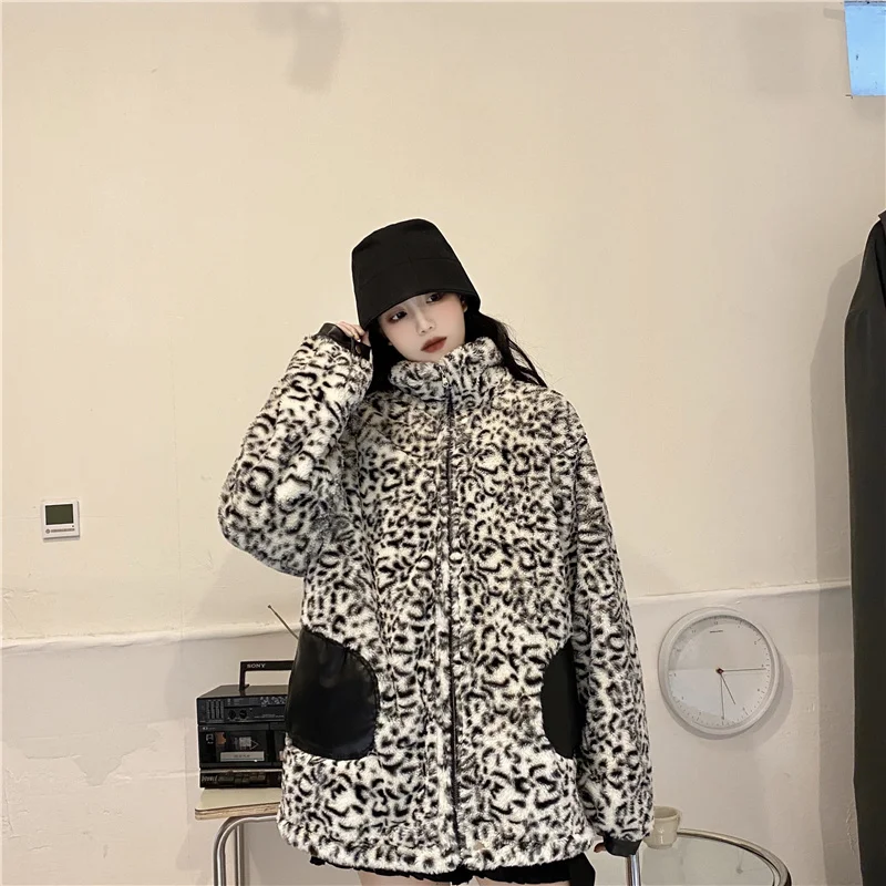 Coat Women\'s Double-Sided Cotton Jacket Women\'s Double-Sided Autumn And Winter Leopard Print Lamb Plush Thickened Leather Jacket