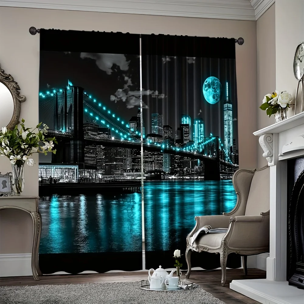 2D Flat 2pcs New York City Curtains Brooklyn Bridge Night Skyline Blue Moonlight Drape Living Room Bedroom WindowTreatmentPanels