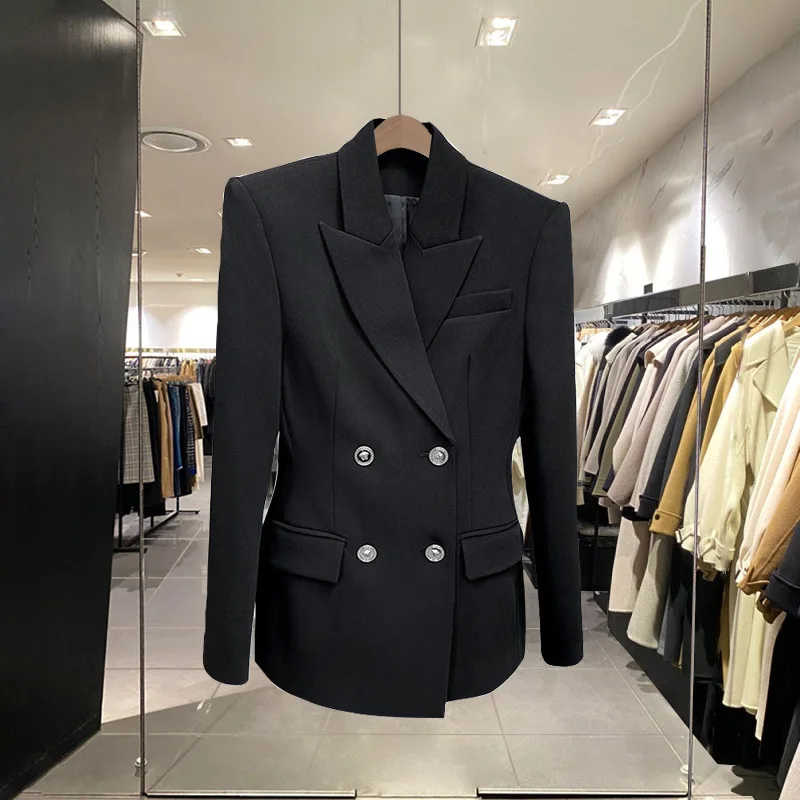 Tuta da pendolare 2024 primavera nuovo doppio petto spalla larga vita sottile stretto Socialite elegante cappotto Blazer nero sottile per le donne