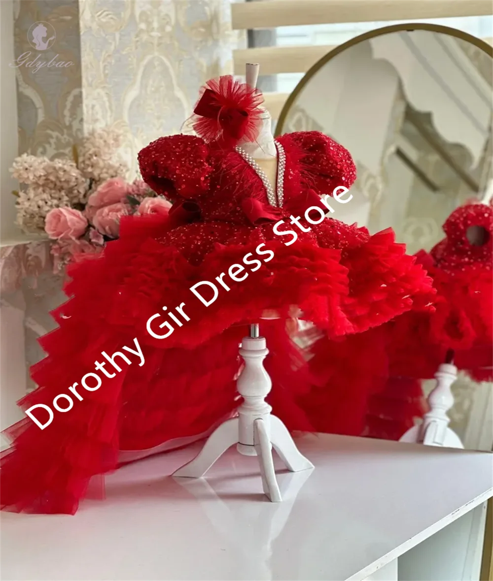 

Red V Neck Long Trailing Flower Girl Dress With Sequins Beaded First Communion Birthday Wedding Princess Dress