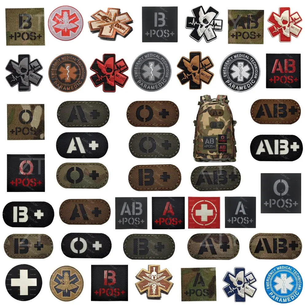 3D PVC Blood Group Badge MEDIC Clothing Armband Reflective First Aid Helmet Badge AB+ AB- O+ POS+ 3D Embroidered Backpack Patch