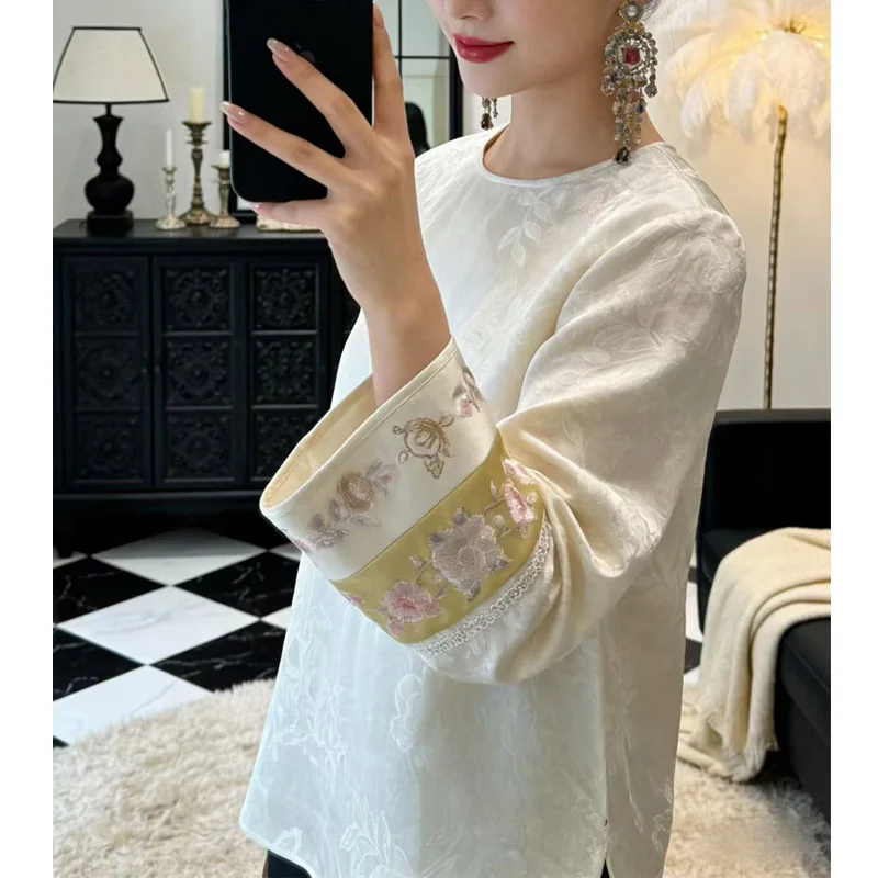 

High-end Spring Summer New Acetate Coat Embroidery Flowers Women Elegant Loose Lady Top S-XXL