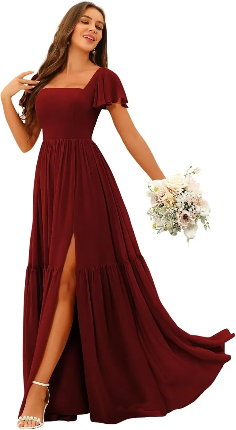 Abiti da damigella d'onore con scollo quadrato e maniche svolazzanti a fessura Abiti da festa lunghi maxi formali in chiffon con tasche Abiti da sera