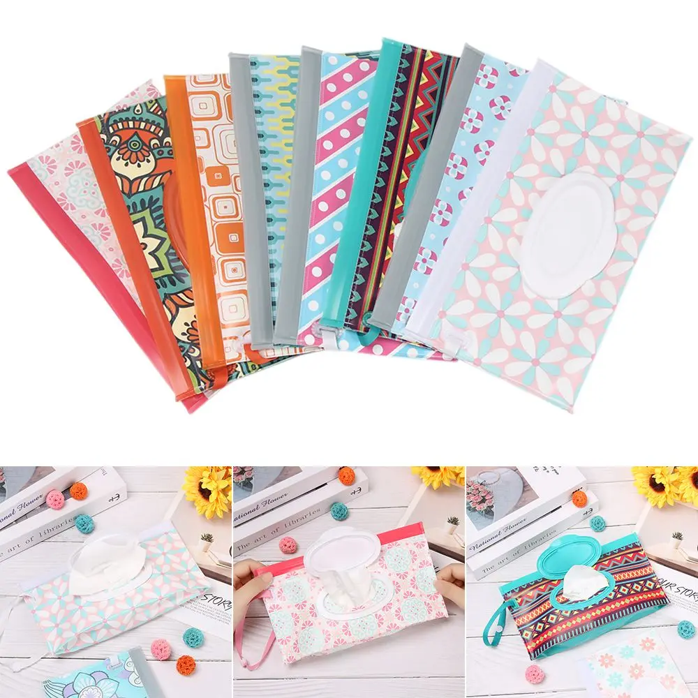 1szt Fashion Cute Baby Product Snap-Strap Flip Cover Portable Wet Wipes Bag Cosmetic Pouch Tissue Box Akcesoria do wózka dziecinnego