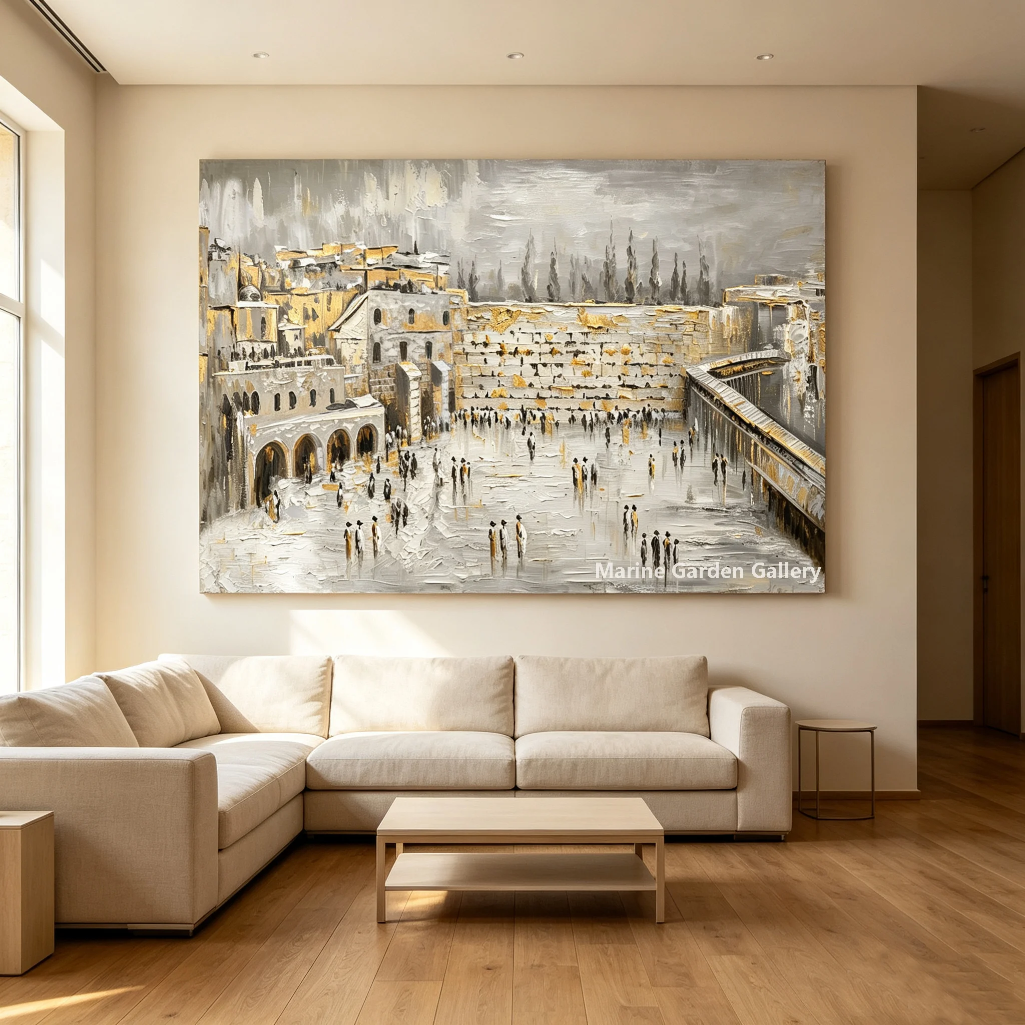 Hand-Painted Textured Judaica Oil Painting Western Wall Kotel Prayer Jerusalem Gray Gold Canvas Art Jewish Decor for Dining Room