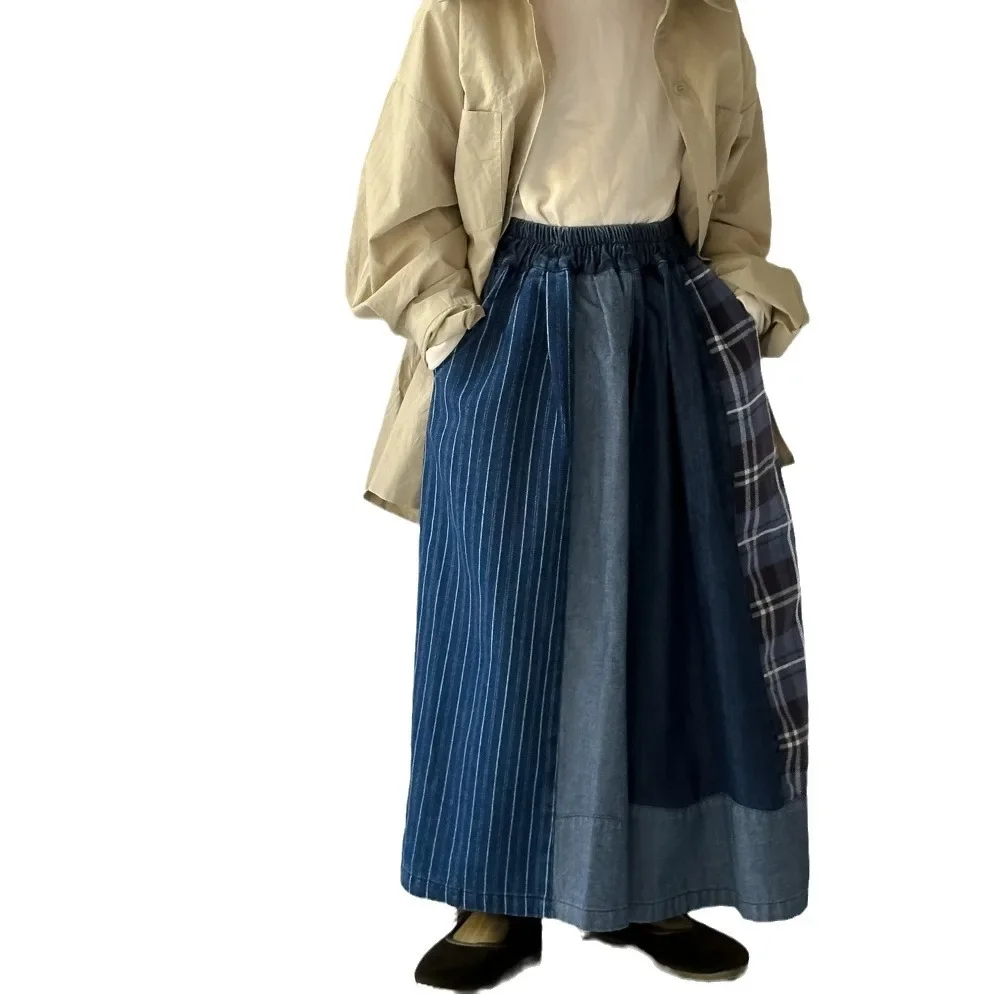 

Korean spliced plaid denim leg pants children's casual loose wide leg pants Children's pants 2025 autumn edition baby girl