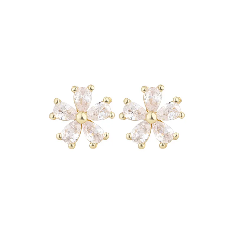 Korean Elegant Five-petaled Flowers Crystal Stud Earrings for Women Summer Wedding Jewelry Accessory Brincos Wholesale Gift